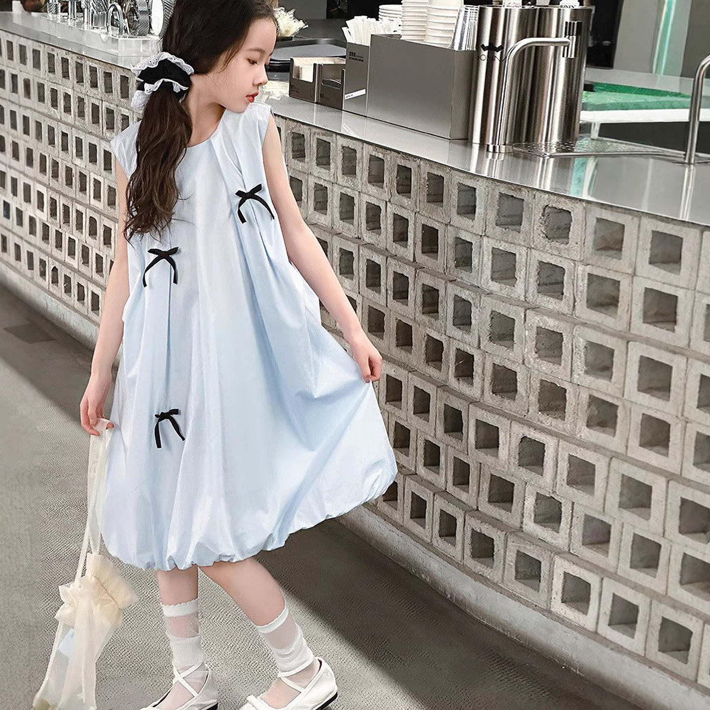 蝴蝶结女童夏装连衣裙儿童公主裙2026新款洋气蓝色花苞裙女孩裙子