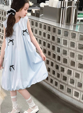 蝴蝶结女童夏装连衣裙儿童公主裙2026新款洋气蓝色花苞裙女孩裙子