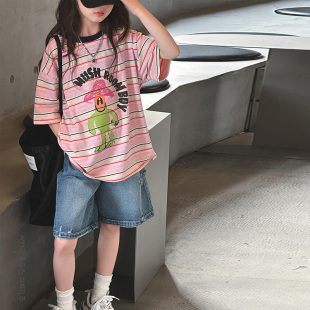 女童夏装套装2026新款儿童短袖条纹T恤两件套大童女孩时髦衣服夏