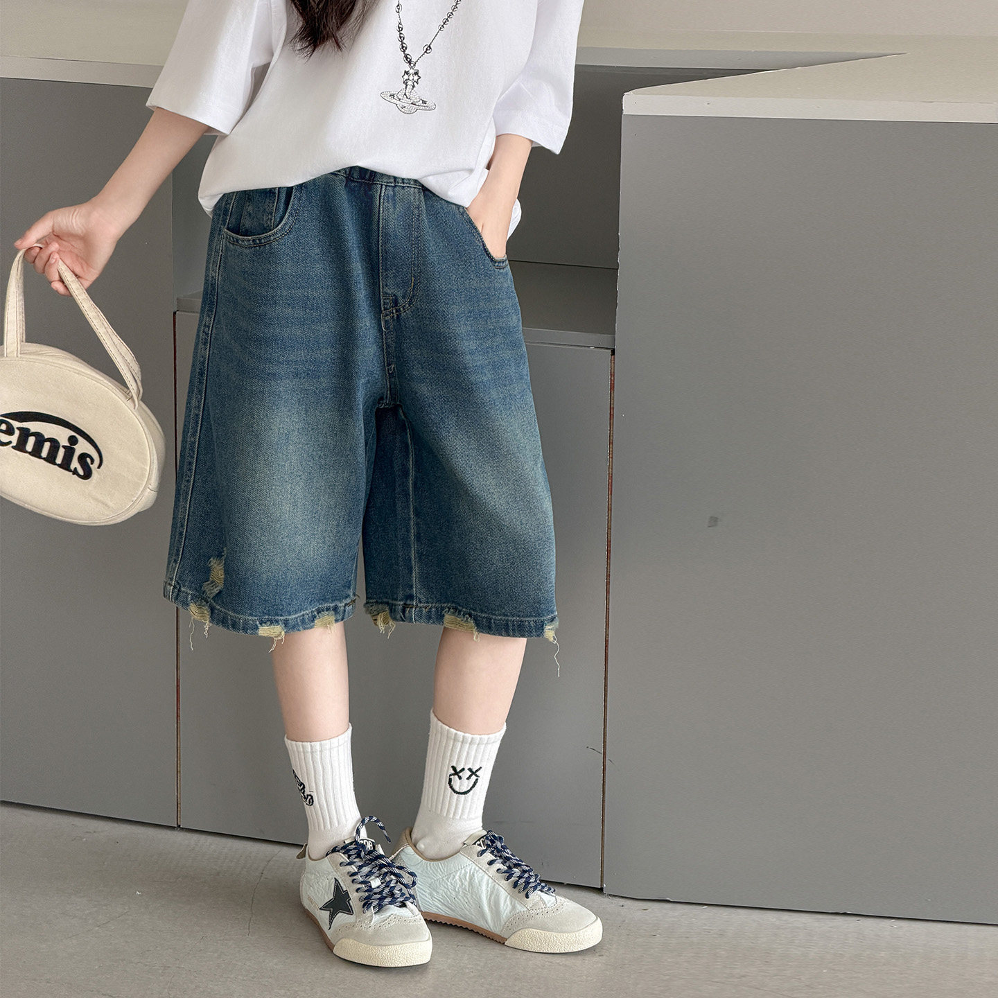 磨毛破洞女童夏装牛仔短裤儿童休闲裤2026新款女孩夏季五分裤薄款