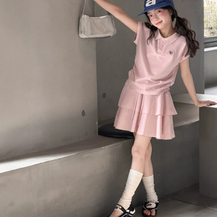 显白水粉色女童夏装polo衫套装高级感夏季儿童女孩短裙运动两件套