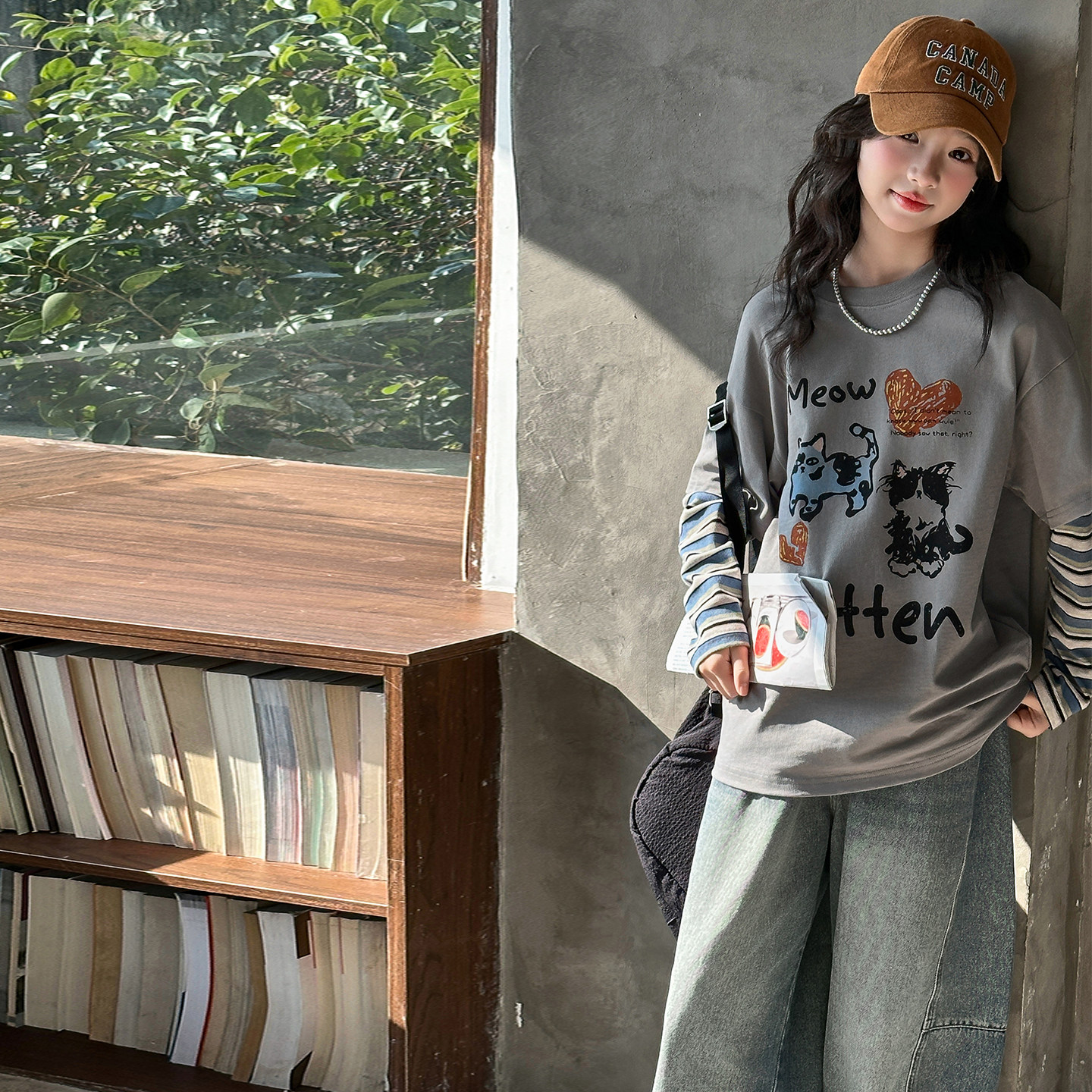 果儿kids假两件女童长袖打底衫儿童T恤2026春秋新款大童女孩时髦t