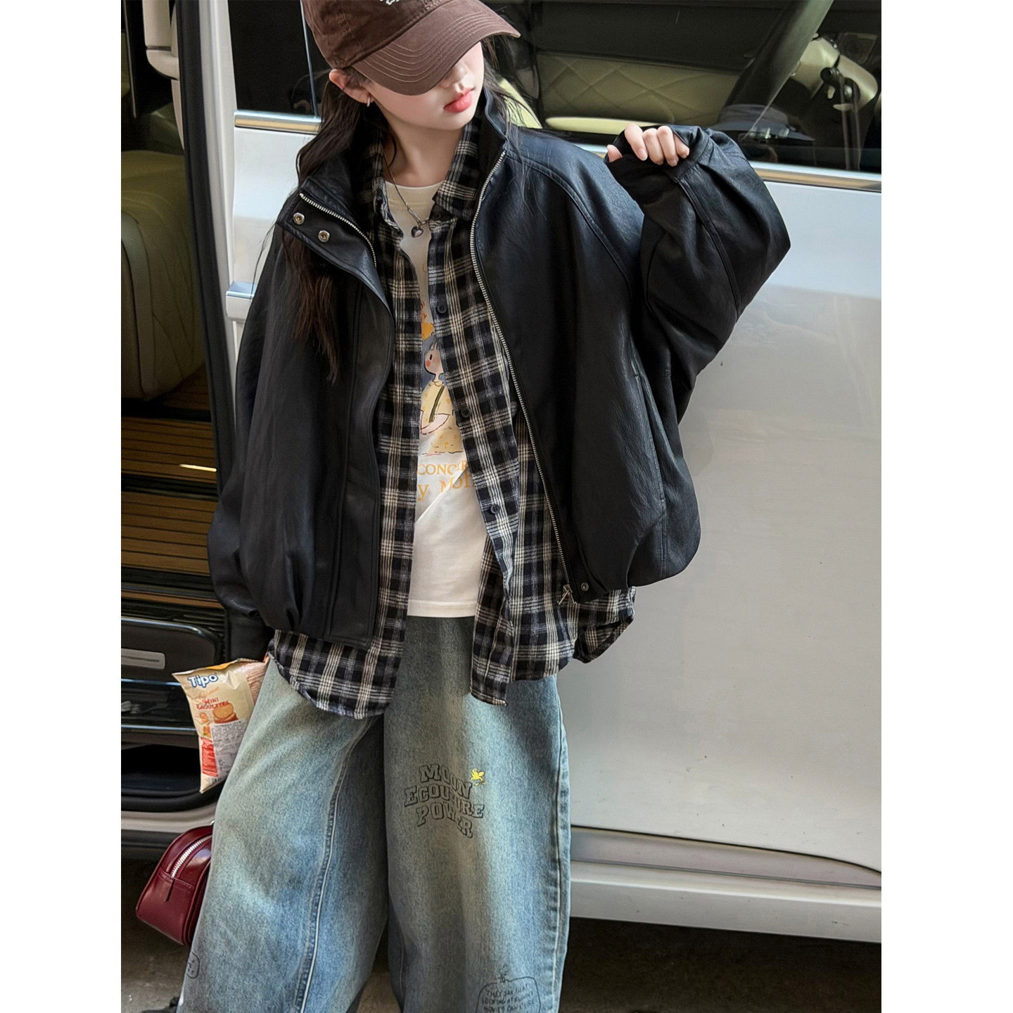 懒散风女童皮衣外套儿童PU皮夹克