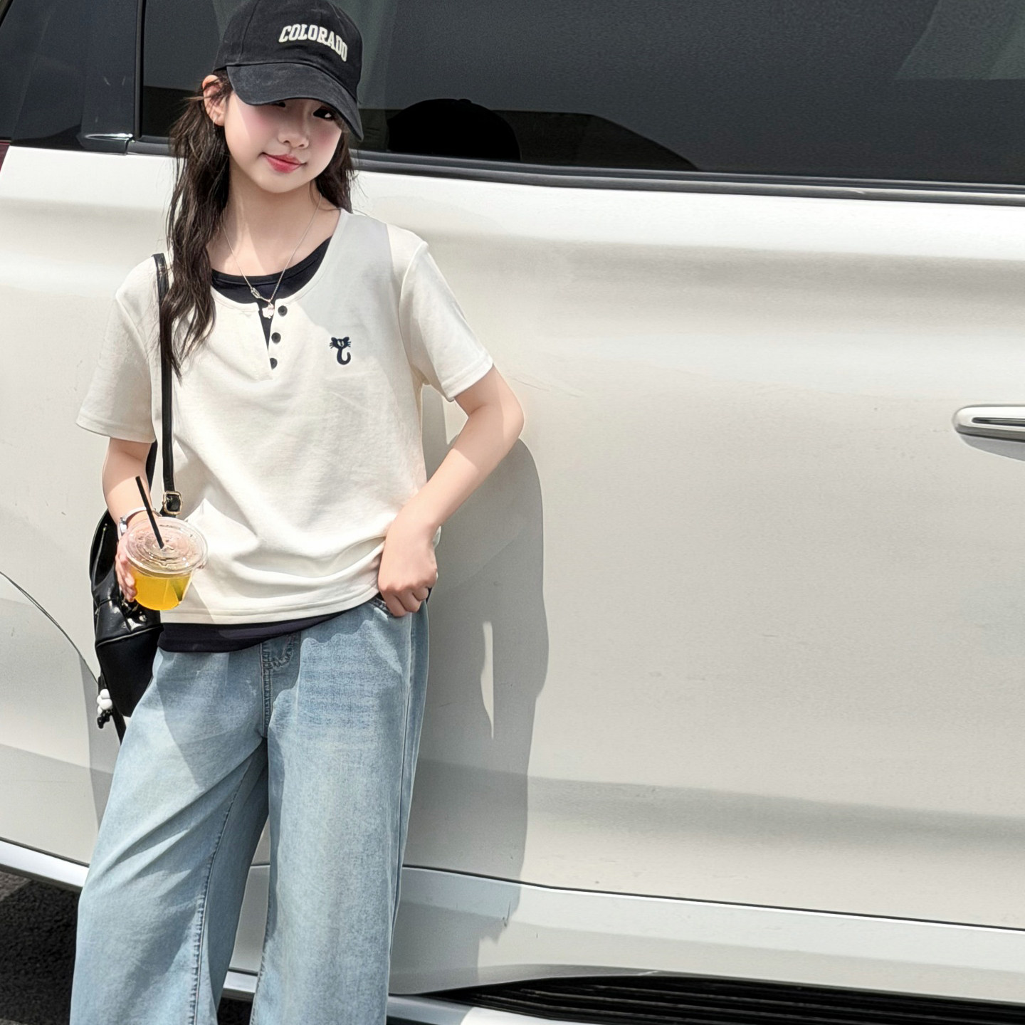 假两件女童T恤儿童短袖夏装2026新款薄款夏季牛仔裤女孩时髦衣服