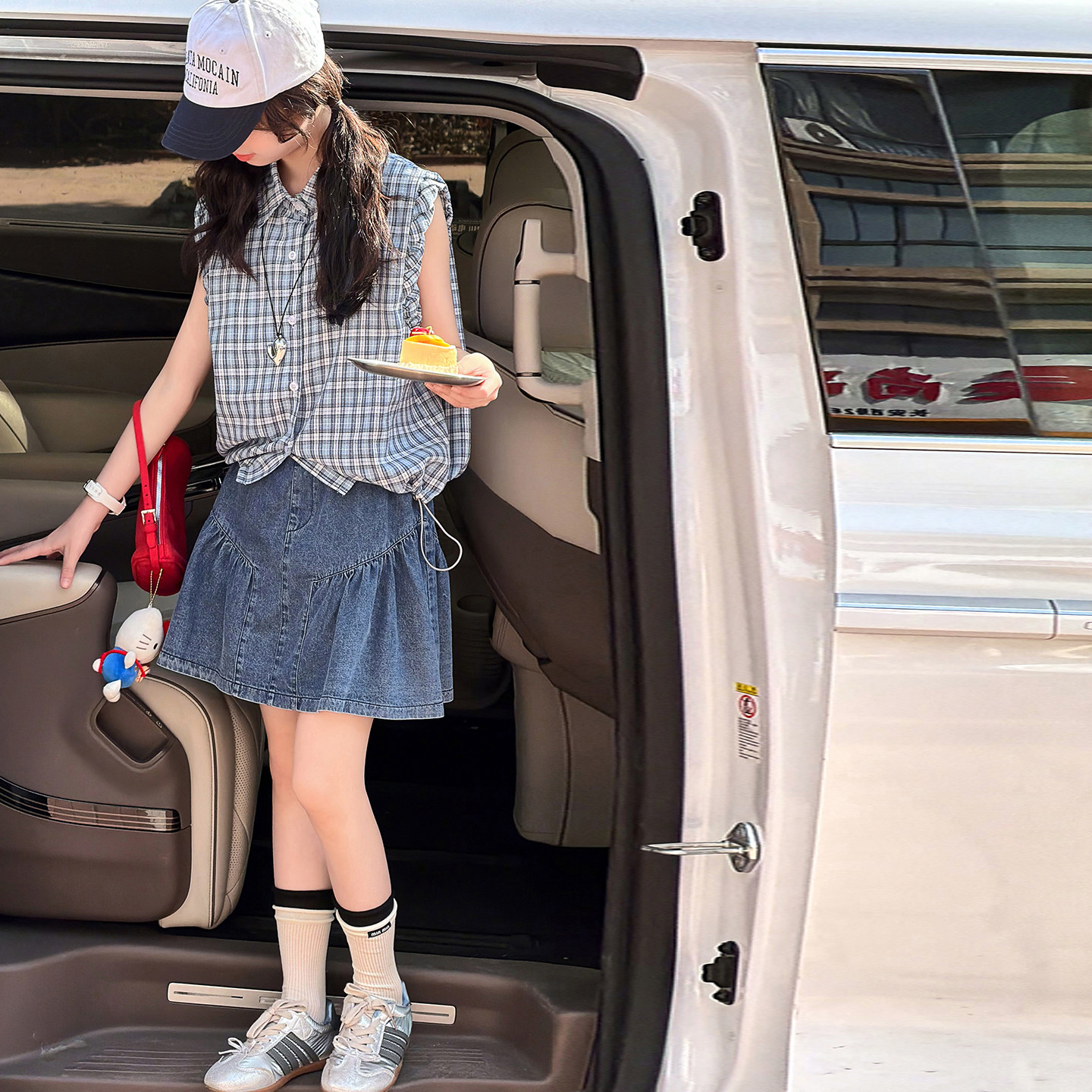 女童套装儿童无袖格子衬衫半身裙