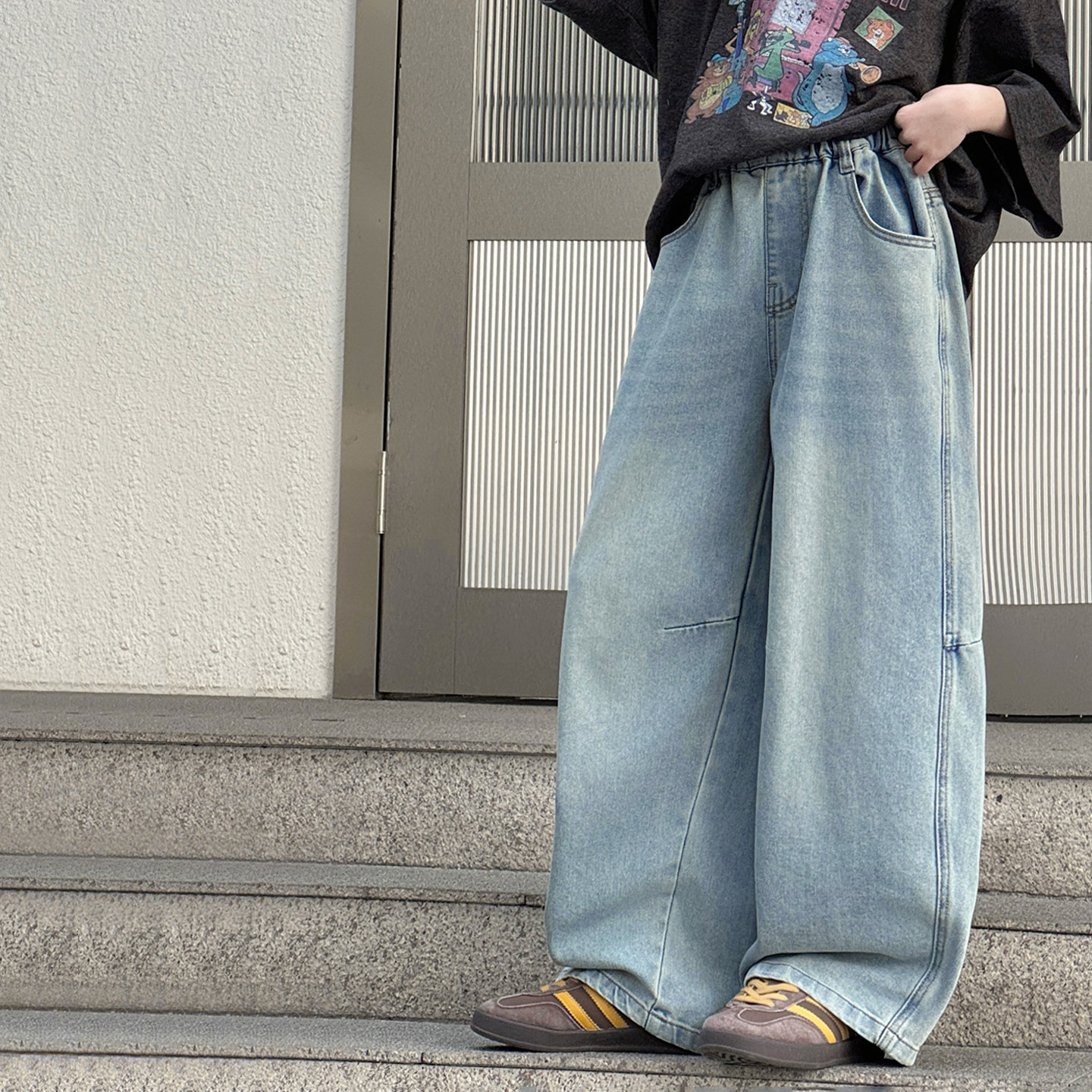 果儿KIDS刺绣女童牛仔裤儿童弯刀阔腿休闲裤春装2026新款女孩裤子