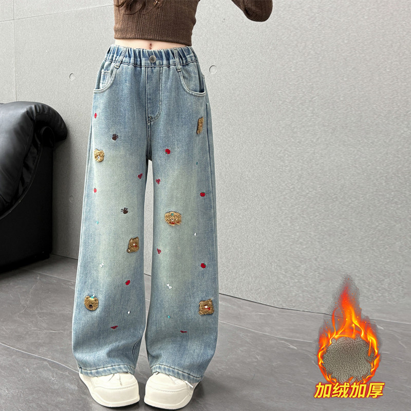 女童牛仔裤儿童加绒裤子2025新款一体绒女大童冬季加厚长裤休闲裤