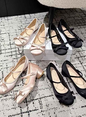 2025新款春季粗跟单鞋女圆头韩版蝴蝶结小香风时装鞋平跟玛丽珍鞋