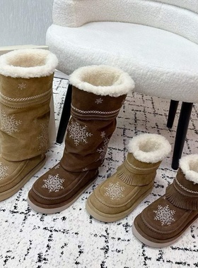 25冬季新款羊毛雪地靴女民族风中筒保暖舒适刺绣厚底高筒女靴短靴