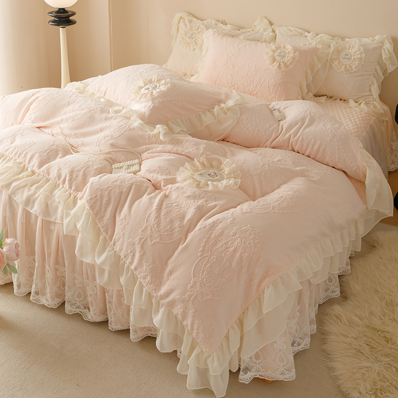 韩版公主风牛奶绒夹棉加厚床裙四件套冬季保暖蕾丝花边床单被套罩
