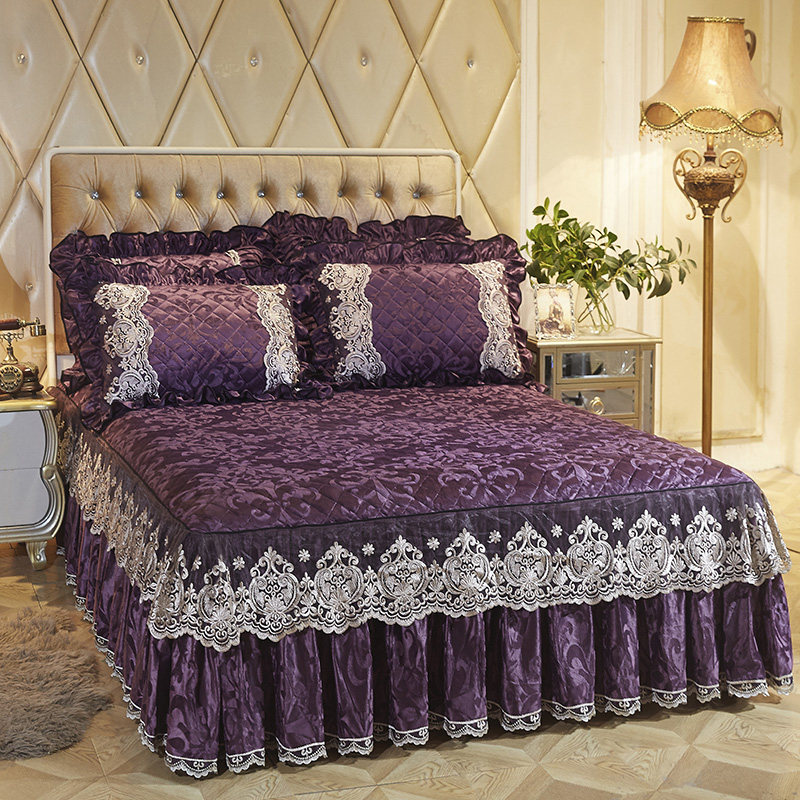 欧式蕾丝边夹棉加厚床裙式单件冬天加绒床罩短毛天鹅绒床套1.8i.