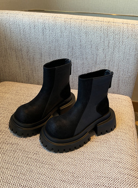 【TFM】韩版厚底增高6CM切尔西靴女冬季加绒黑色短靴英伦风马丁靴