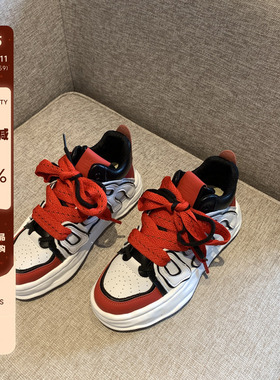 高帮休闲鞋女2026春季新款网红ins复古拼色系带真皮厚底运动板鞋