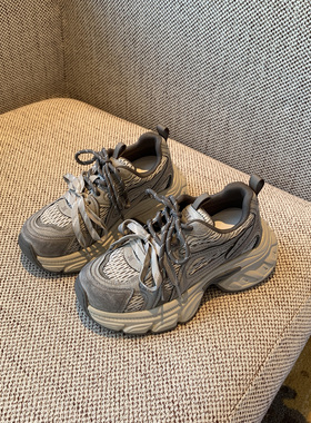 【TFM】2026年新款真皮网面透气厚底增高系带休闲运动鞋女老爹鞋