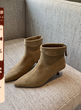 【TFM】短靴女2025秋季新款复古绒面百搭细跟尖头后拉链瘦瘦靴子
