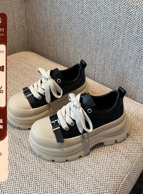 【TFM】增高7CM~厚底真皮松糕鞋女新款小个子百搭系带休闲运动鞋