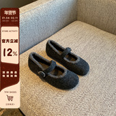 TFM 复古毛绒玛丽珍鞋 女内增高一字扣毛毛单鞋 平底加绒棉鞋 子