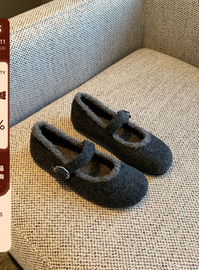 【TFM】复古毛绒玛丽珍鞋女内增高一字扣毛毛单鞋平底加绒棉鞋子