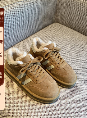 【TFM】棉鞋女冬季2025年新款真皮系带休闲厚底加绒板鞋女德训鞋