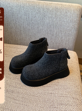 【TFM】炭灰色~韩版厚底5CM增高短靴女冬季加绒百搭圆头勃肯女靴