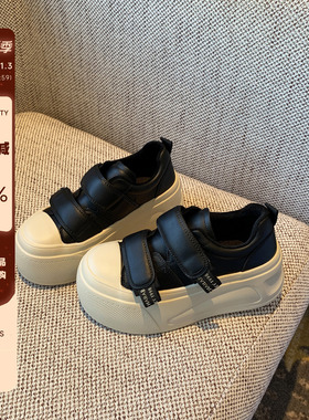 【TFM】内里加绒~魔术贴厚底6CM增高复古黑色时尚百搭休闲板鞋潮