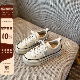 TFM 女新款 增高4CM 板鞋 学院风百搭真皮系带厚底小白鞋 休闲鞋