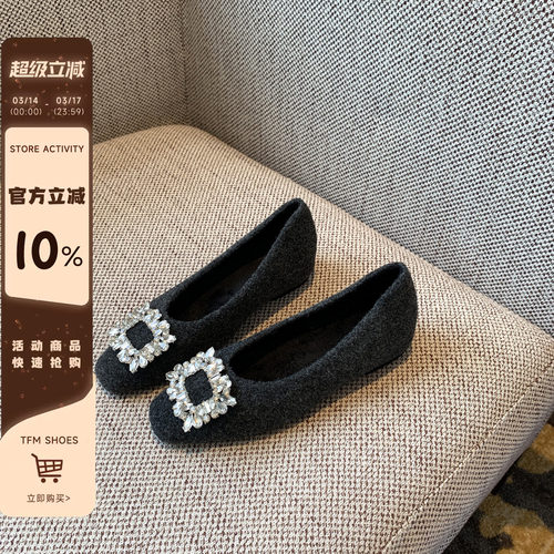 水钻方扣平底加绒单鞋冬季百搭