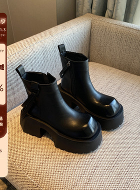 【TFM】英伦风黑色厚底短靴女冬季侧拉链方头加绒粗跟马丁靴增高