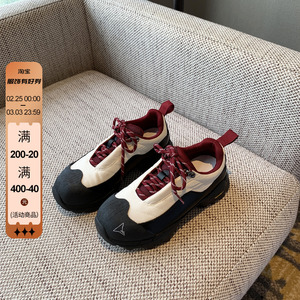 休闲鞋女潮酷2024年新款春季百搭时尚真皮拼色系带厚底登山老爹鞋