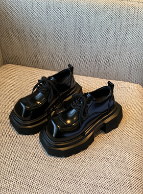 【TFM】2026春季新款英伦风厚底7CM增高系带复古乐福鞋黑色小皮鞋