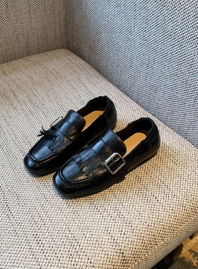 【TFM】2026春季新款流苏平底乐福鞋女复古皮带扣百搭小皮鞋黑色