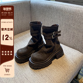 厚底马丁靴女2025年新款 TFM 英伦风复古短靴女粗跟弹力瘦瘦靴