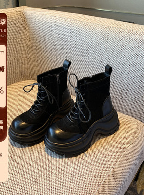 【TFM】增高7CM厚底小个子马丁靴女黑色百搭系带加绒松糕短靴女靴