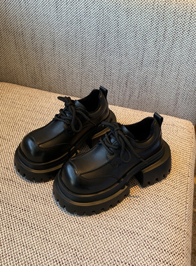 【TFM】内里加绒~冬季保暖厚底乐福鞋女黑色系带百搭增高小皮鞋女