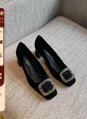 【TFM】黑色绒面单鞋2025春季新款法式水钻气质方头粗跟通勤女鞋