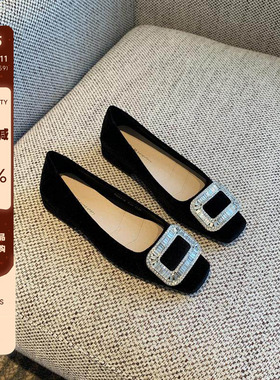 【TFM】方头平底鞋女2026春季新款丝绒水钻方扣低跟浅口单鞋女鞋