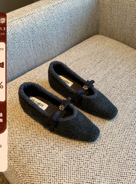 【TFM】内增高3CM~小香风一字带蝴蝶结毛呢玛丽珍浅口单鞋女平底