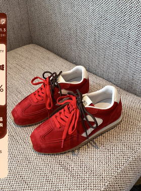 【TFM】红色阿甘鞋女2025秋季新款百搭牛皮系带复古休闲运动鞋潮