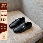 女黑色皮带扣百搭平底小皮鞋 英伦风流苏布洛克鞋 TFM 内里加绒