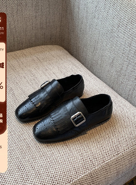 【TFM】内里加绒~英伦风流苏布洛克鞋女黑色皮带扣百搭平底小皮鞋