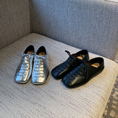 女平底小皮鞋 银色豆豆鞋 新款 羊皮方头系带乐福鞋 TFM 2026春季