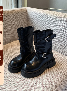 【TFM】厚底马丁靴女新款冬季加绒复古皮带扣英伦风短靴子中筒靴