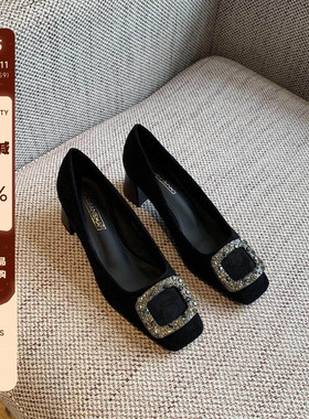 【TFM】黑色绒面单鞋2026春季新款法式水钻气质方头粗跟通勤女鞋