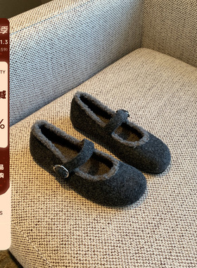 【TFM】复古毛绒玛丽珍鞋女内增高一字扣毛毛单鞋平底加绒棉鞋子