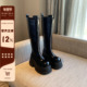 欧美风黑色厚底高筒靴女冬季 TFM 加绒复古前拉链增高骑士长靴