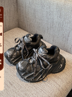 【TFM】增高6CM~茶灰色老爹鞋女新款绑带厚底小个子休闲运动鞋潮