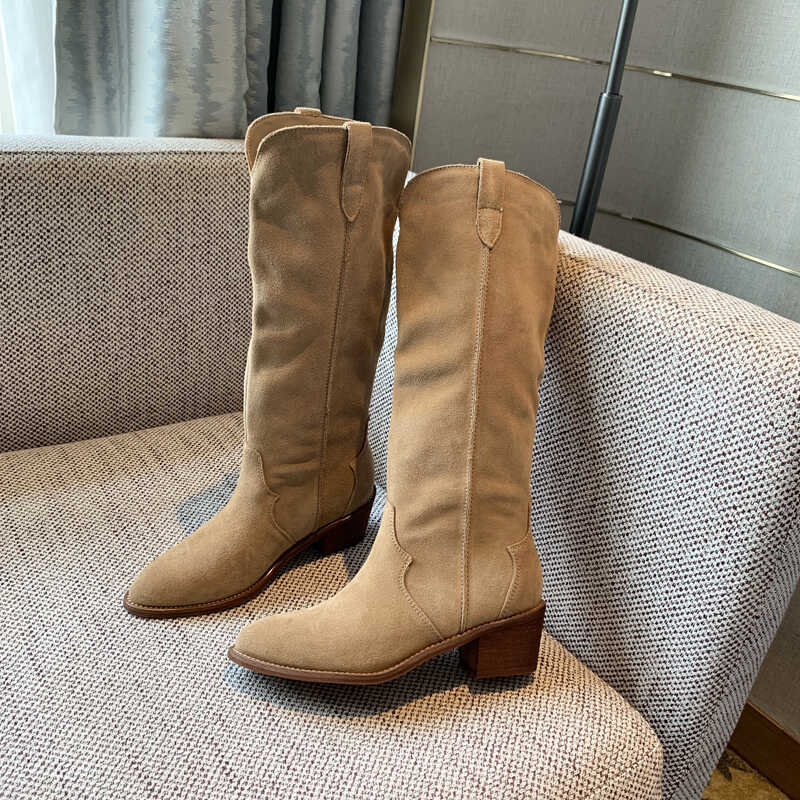 【TFM】长靴女2025新款磨砂真皮西部牛仔靴女粗跟尖头高筒骑士靴