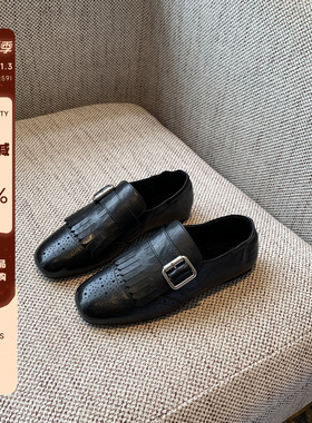 【TFM】内里加绒~英伦风流苏布洛克鞋女黑色皮带扣百搭平底小皮鞋