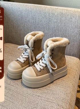 【TFM】磨砂牛皮休闲高帮鞋女厚底系带毛绒内里保暖百搭棉鞋女冬
