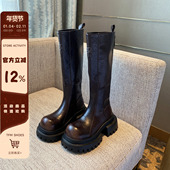 百搭显瘦高筒靴女骑士靴 复古大头厚底长靴女新款 TFM 增高7CM